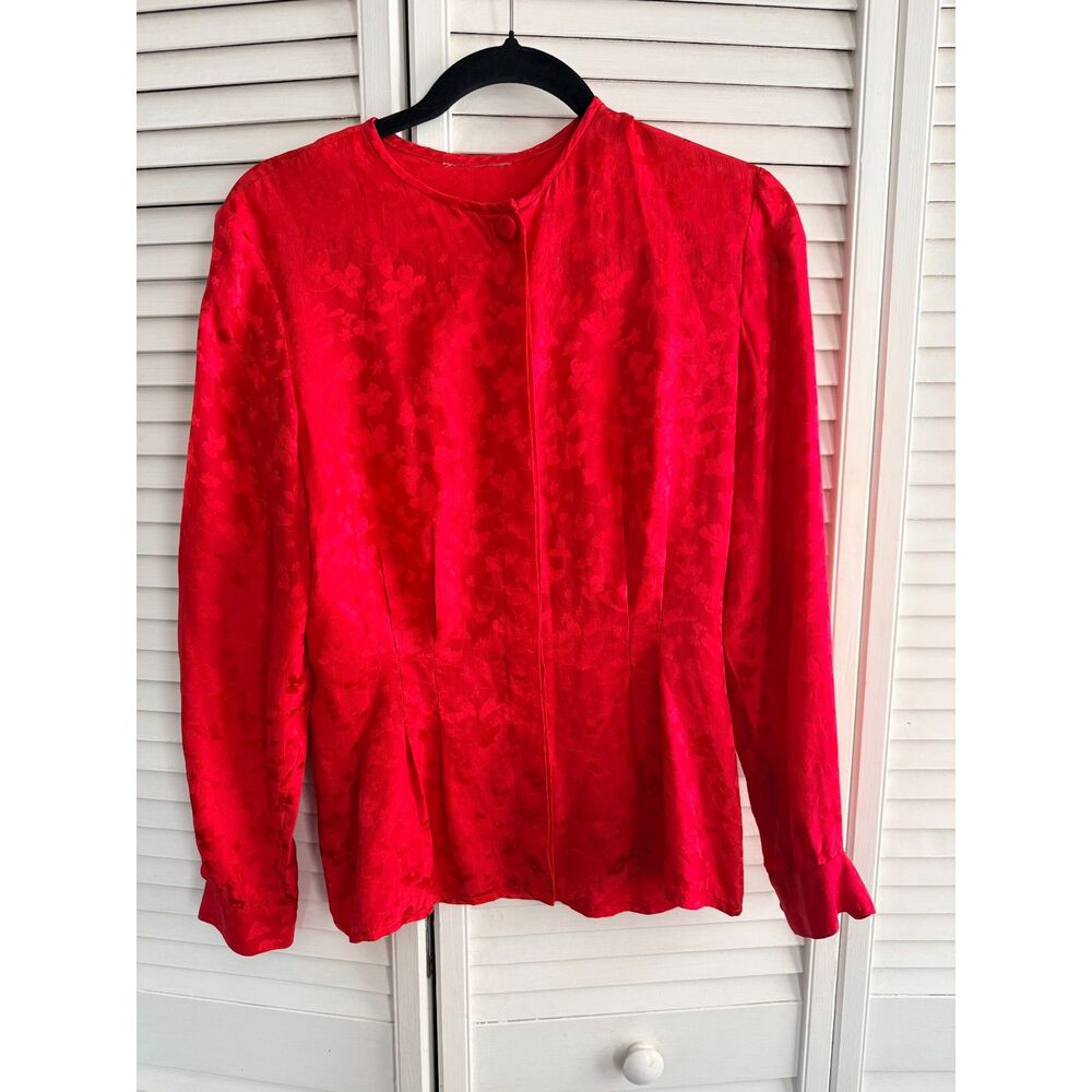 Vintage 80s 90s Red Floral Embossed Jacquard Blouse Small